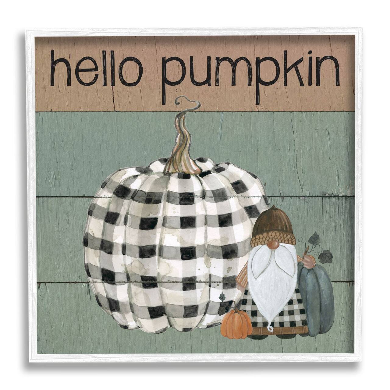 Stupell Industries Hello Pumpkin Rustic Greeting Patchwork Plaid Gnome Framed Wall Art